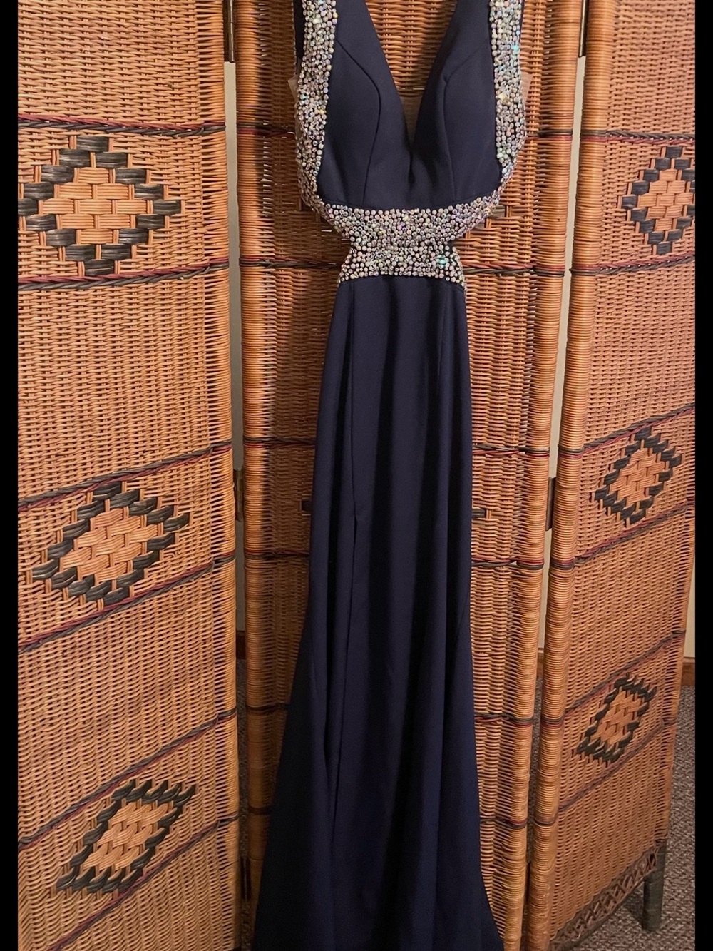 Elegant Navy Evening Gown with Crystal Embellished Waist
